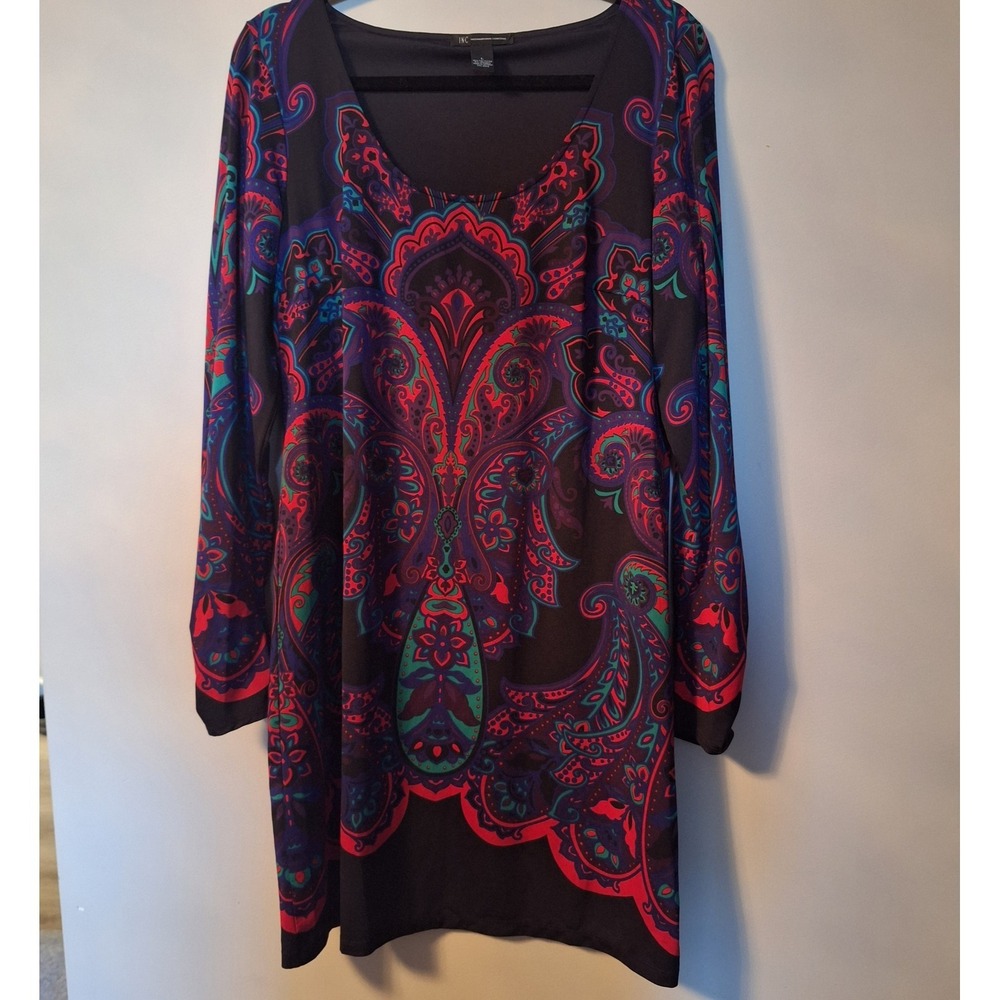 INC International Concepts Paisley Multicolor Long Sleeve Shift Dress Size Large
